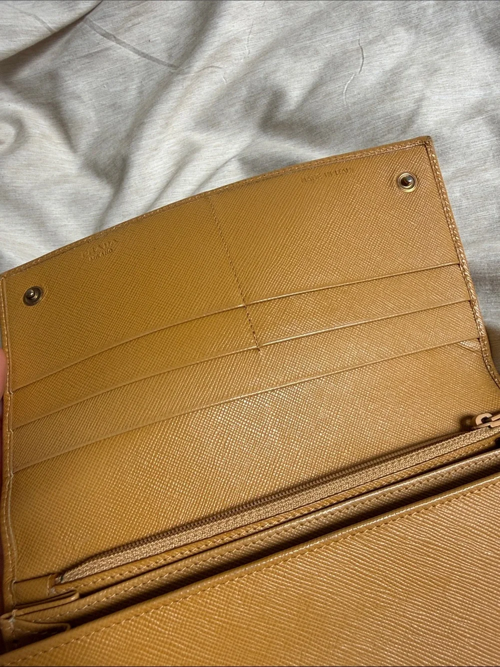 Prada Saffiano Leather Flap Wallet in Mustard Yellow